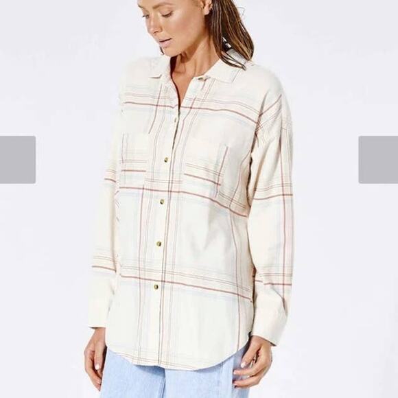 Rip Curl Women's Sayulita Flannel long sleeve shirt bone plaid Medium NWT - Picture 2 of 7